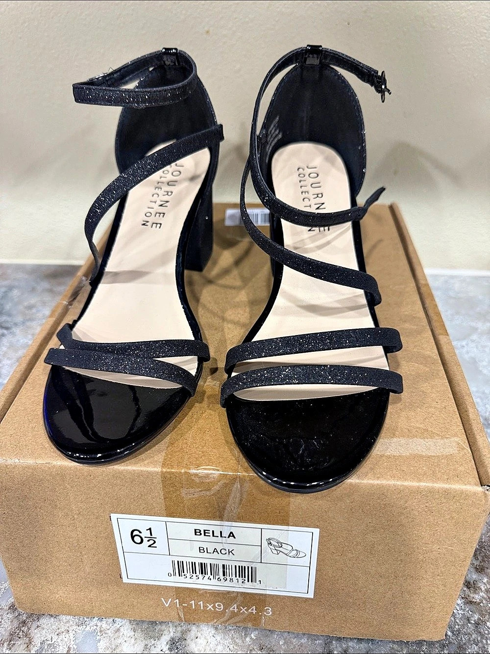 Journee Bella Glitter Ankle Strap Heels Black US 7 NWT
